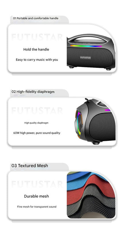 Portable Bluetooth 5.3 Speaker - 60W Powerful Sound, RGB Lights, Multiple Inputs(Blue)