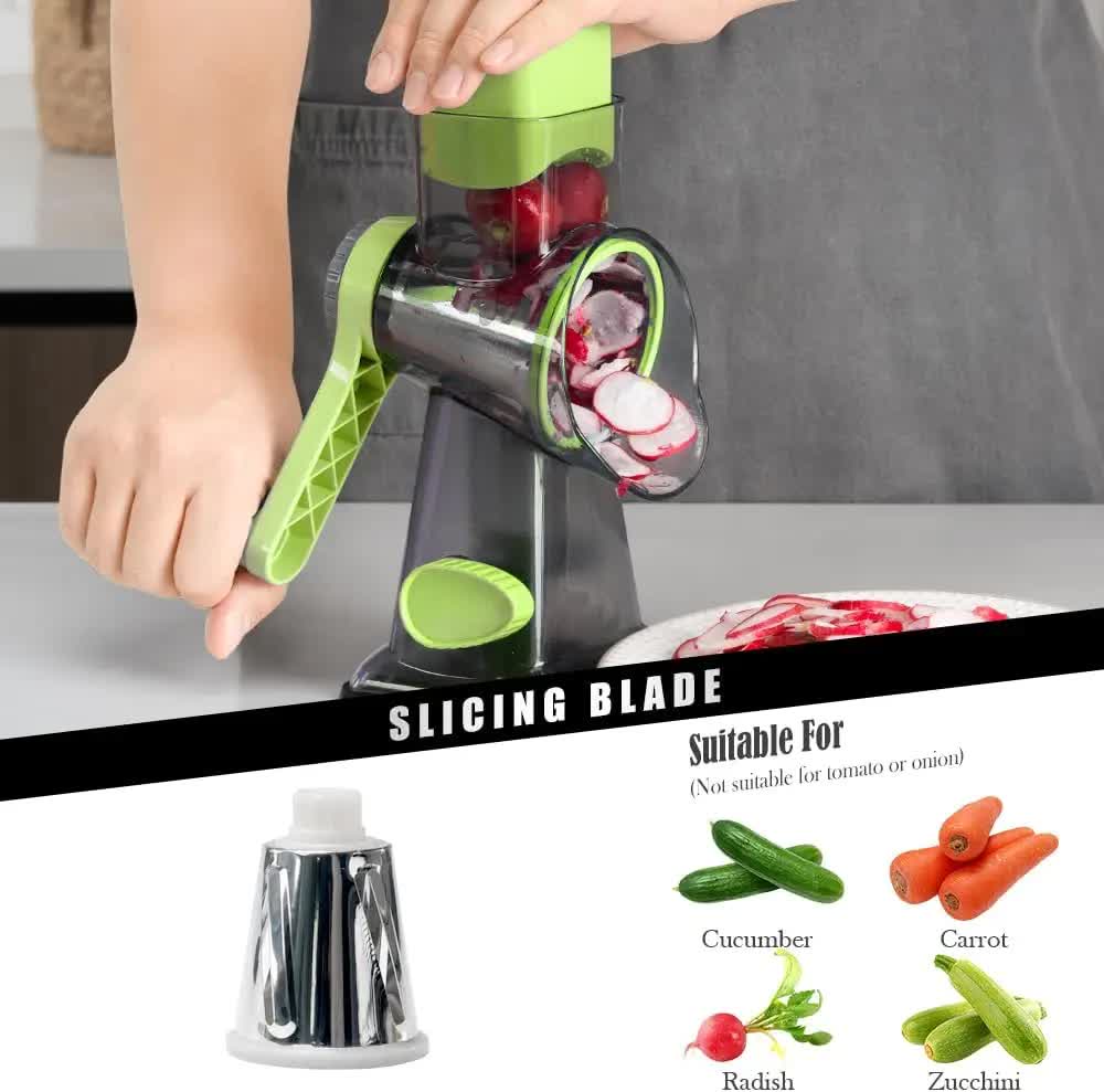 White Rotary Cheese Grater & Vegetable Slicer - Manual Shredder with 3 Interchangeable Drums