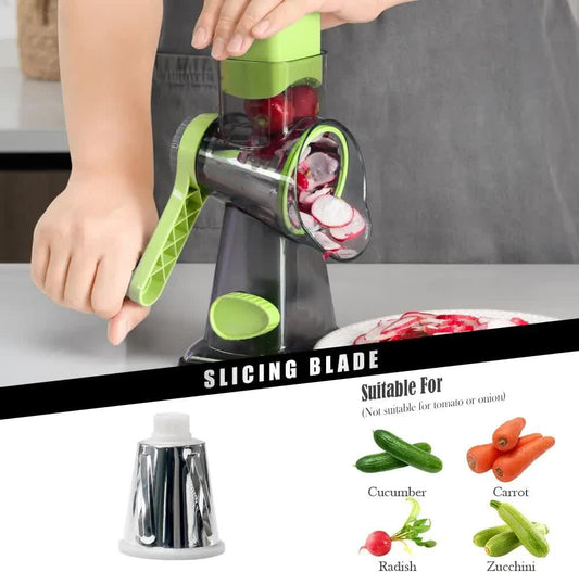 Grey Rotary Cheese Grater & Vegetable Slicer - Manual Shredder with 3 Interchangeable Drums