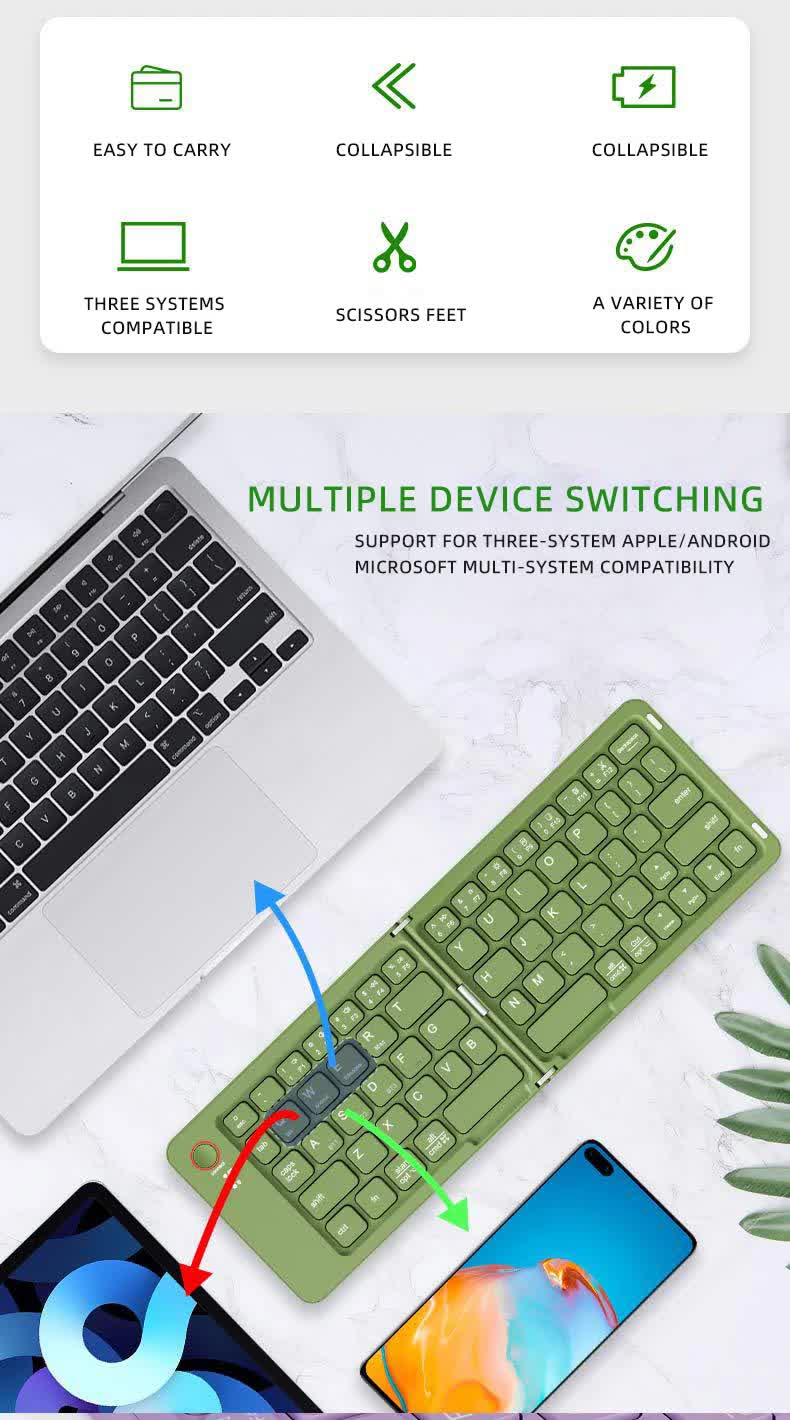 White Ultra-Slim Foldable Bluetooth Keyboard - Portable Wireless Rechargeable Travel Keyboard for iOS Android Windows Devices