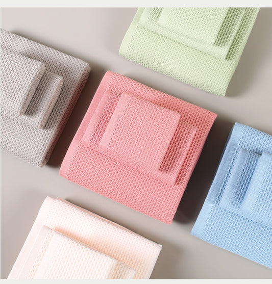 Pink Premium 3-Piece Waffle Weave Cotton Towel Set - Lightweight, Quick-Dry & Absorbent - Bath, Hand, Face Cloth