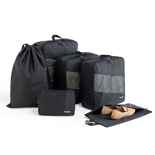 Black Premium 6-Piece Compression Packing Cubes Set - Lightweight Polyester Travel Organizers for Luggage, Includes Shoe Bag & Toiletry Pouch