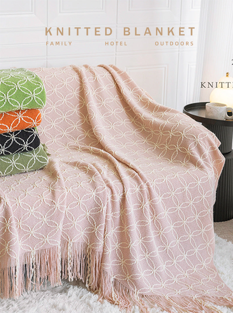 Black Cozy Geometric Knitted Throw Blanket with Tassels - Soft Acrylic Decorative Sofa & Bed Cover, 130x180cm