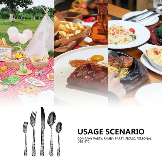 Multicolor Elegant 20-Piece Stainless Steel Cutlery Set with Floral Design - Dinner & Steak Knives, Forks, Spoons