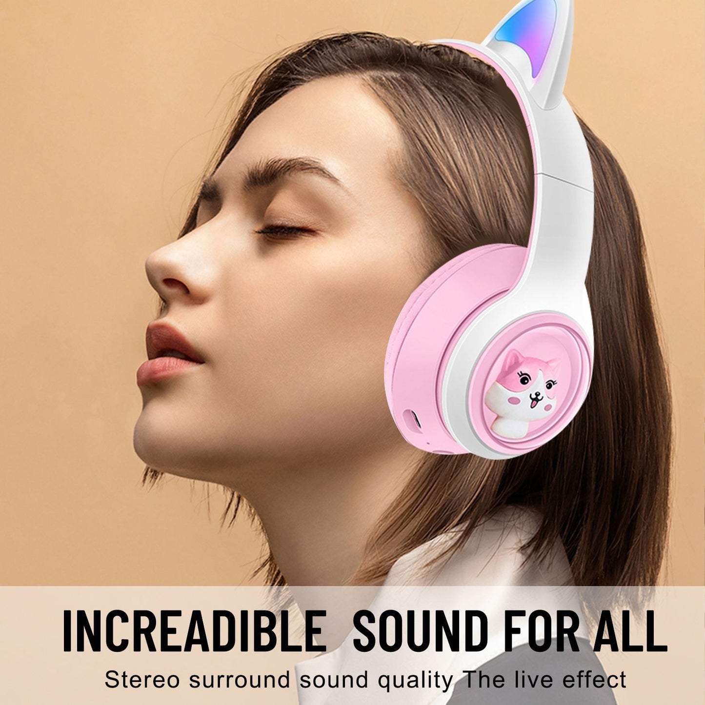 Cute Cat Ear Wireless Headphones - BT5.3, LED Lights, TF Card Slot, Soft Protein Padding(Purple)