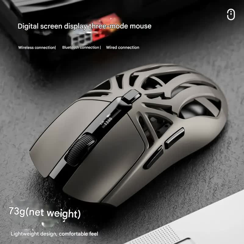 Tri-Mode Wireless Gaming Mouse - 1KHz Polling, 10000 DPI, Digital Display, Lightweight 73g(Purple)