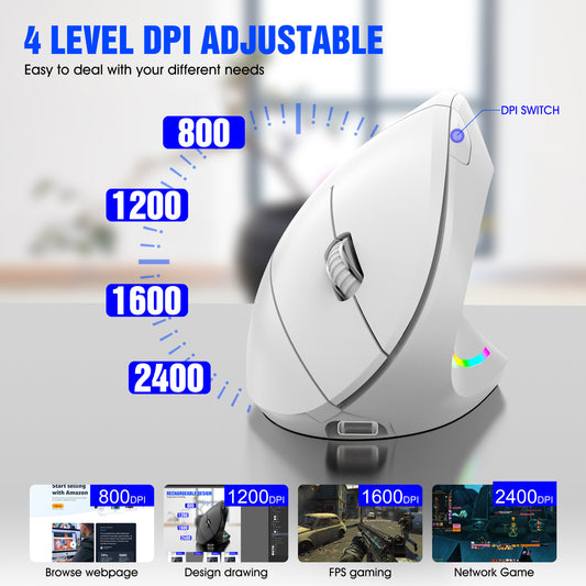 Ergonomic Vertical Wireless Mouse - 2.4G/Bluetooth, Rechargeable, RGB Light, 4 DPI Levels(pink)