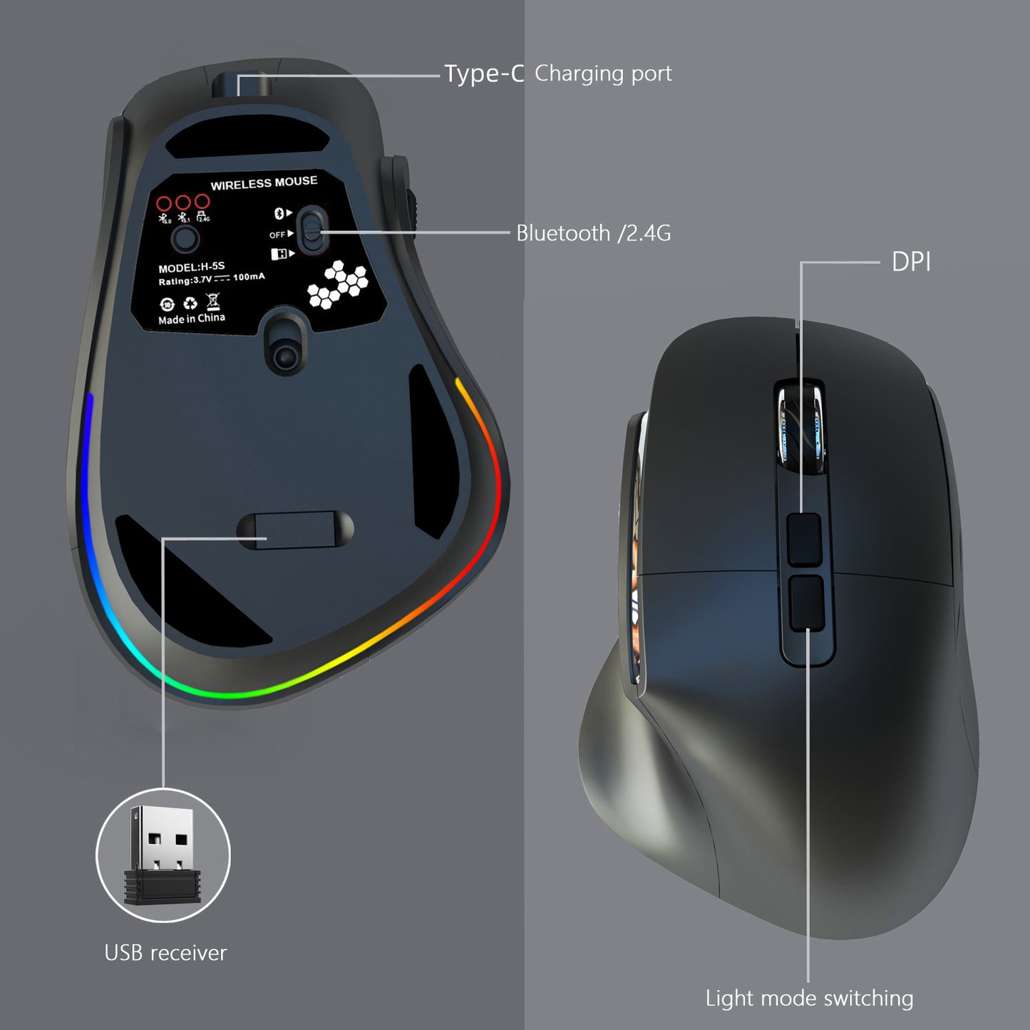 Ergonomic Vertical Wireless Mouse - Dual Mode (2.4G + Bluetooth), RGB Light, Rechargeable 500mAh Battery(Blue)