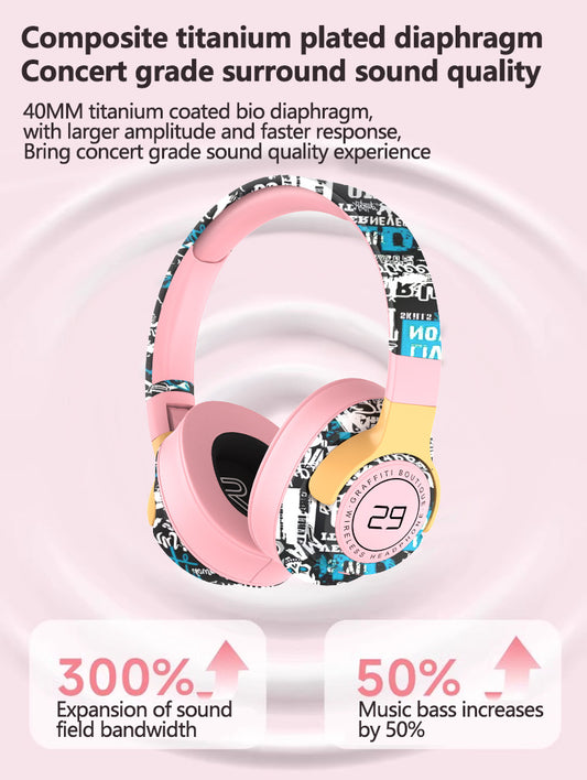 Trendy Graffiti Wireless Over-Ear Headphones - Bluetooth 5.1, HIFI 360 Surround Sound, 12H Playtime, Low Latency(blue)