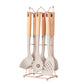 Beige Elegant 7-Piece Silicone Kitchen Utensil Set with Wooden Handles & Rose Gold Stand - Non-Stick Cookware Safe