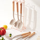 Beige Elegant 7-Piece Silicone Kitchen Utensil Set with Wooden Handles & Rose Gold Stand - Non-Stick Cookware Safe