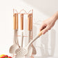 Beige Elegant 7-Piece Silicone Kitchen Utensil Set with Wooden Handles & Rose Gold Stand - Non-Stick Cookware Safe