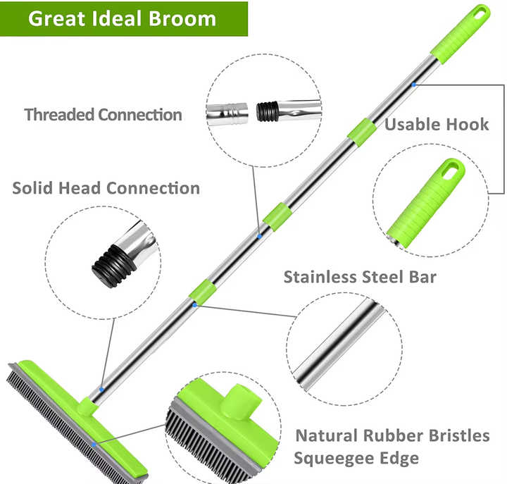 Blue and Silver Versatile Pet Hair Remover Rubber Broom & Squeegee - 125cm Adjustable Stainless Steel Handle for Carpets, Floors & Windows