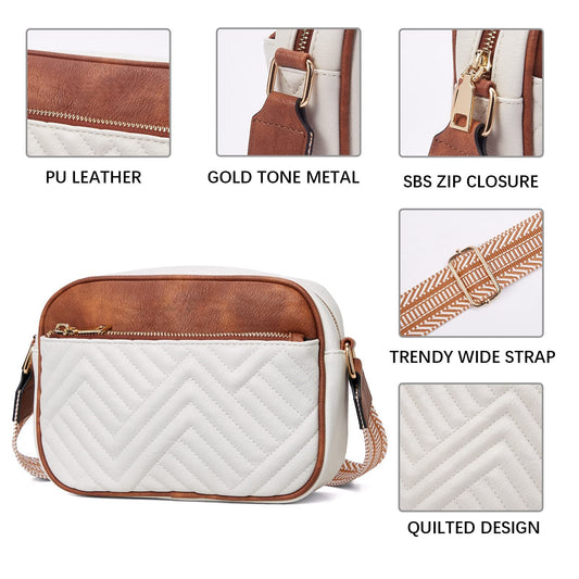 Double Zipper Brown Chic Quilted Crossbody Bag - Vintage PU Leather Shoulder Purse with Adjustable Strap