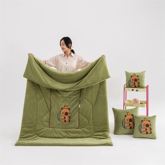 Green Kapybara - 2-in-1 Foldable Car Pillow Blanket - Cozy 40x40cm Pillow, Unfolds to 100x150cm Blanket for Travel and Office Naps