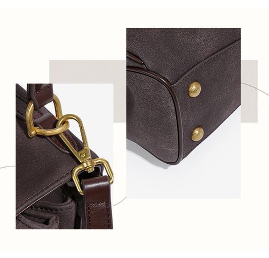 Beige Women's Vintage Suede Satchel Bag - Elegant Top Handle Purse with Gold Lock