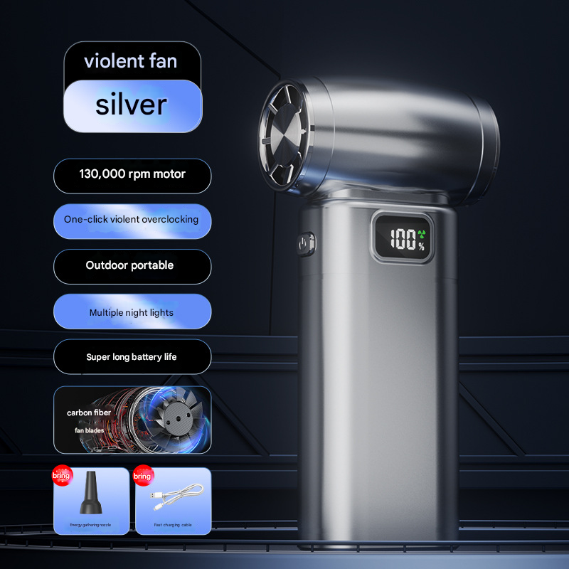 Portable High-Speed Turbo Fan & Air Duster 130,000 RPM Rechargeable – Silver