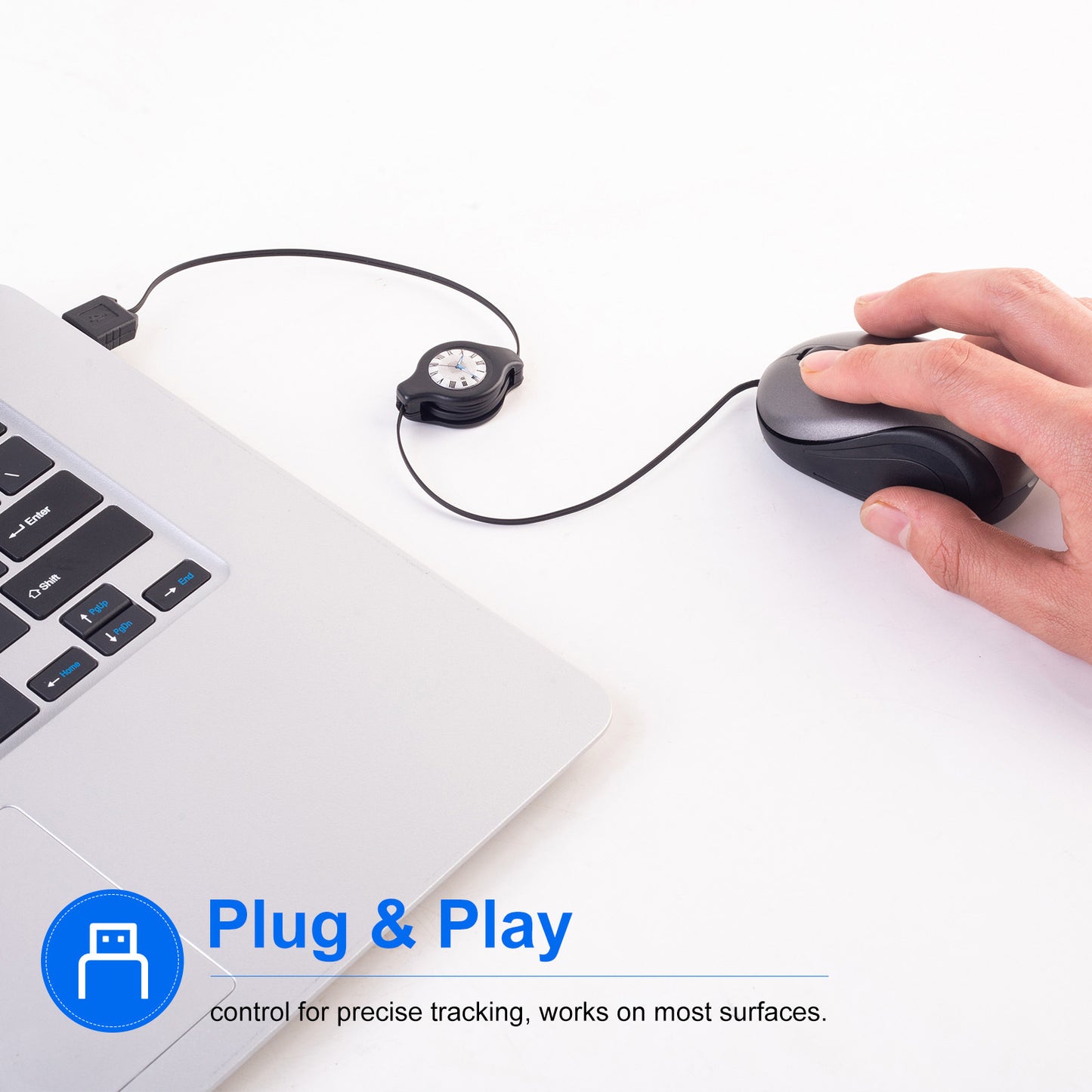 Grey and Black Portable Mini USB Mouse with Retractable Cable - Compact Travel Mouse for PC and Laptop