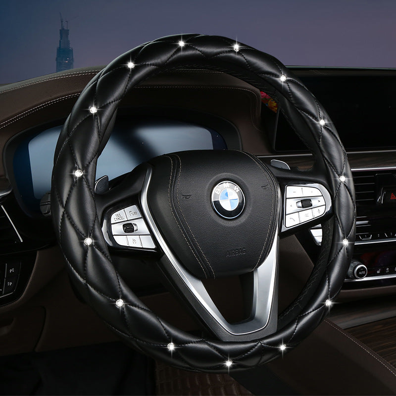 Black Luxury Bling Steering Wheel Cover - Black Quilted Leather with Crystal Rhinestones, Universal 38cm Fit