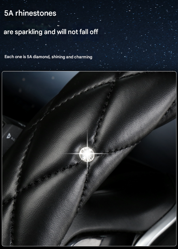 Black Luxury Bling Steering Wheel Cover - Black Quilted Leather with Crystal Rhinestones, Universal 38cm Fit