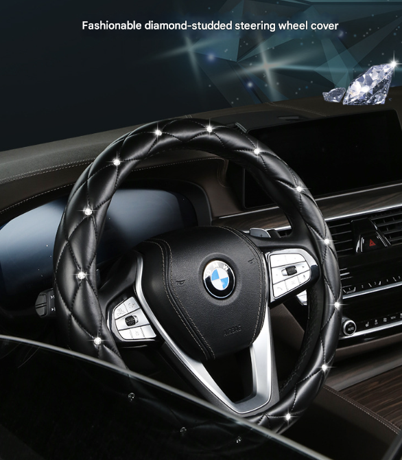 Rose Red Luxury Bling Steering Wheel Cover - Black Quilted Leather with Crystal Rhinestones, Universal 38cm Fit