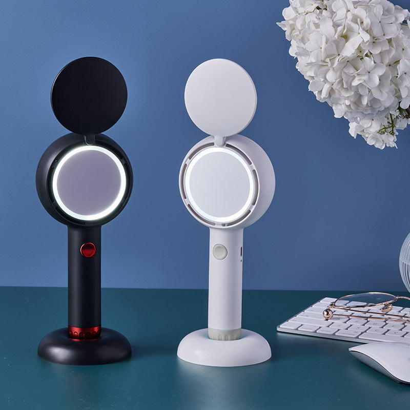 2-in-1 Handheld Fan with LED Makeup Mirror USB Rechargeable – Black