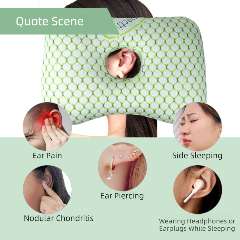 Blue Ergonomic Ear Pillow with Hole for Side Sleepers - Pressure Relief Cushion for Ear Pain, Piercings & CNH - Washable Cover