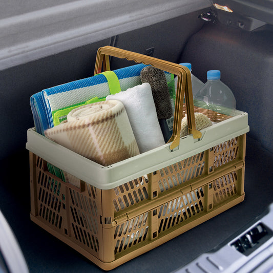 Large Collapsible Storage Basket with Handles - Portable Folding Crate for Shopping, Picnics & Car Trunk(Brown )