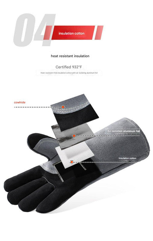 Heavy-Duty Leather Heat Resistant Gloves - 500°C BBQ, Welding & Oven Mitts with Long Cuffs(brown)