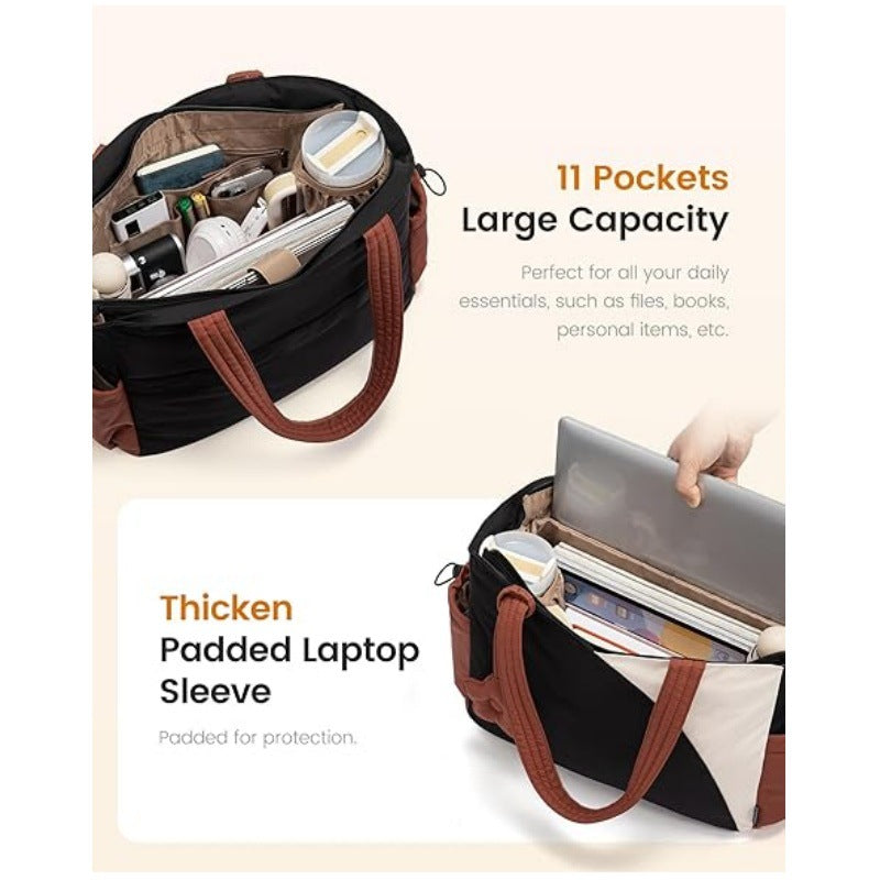 Black Stylish 16-inch Women's Tote Bag - Teacher & Nurse Puffer Work Bag, Travel & Daily Handbag with Cup Holders