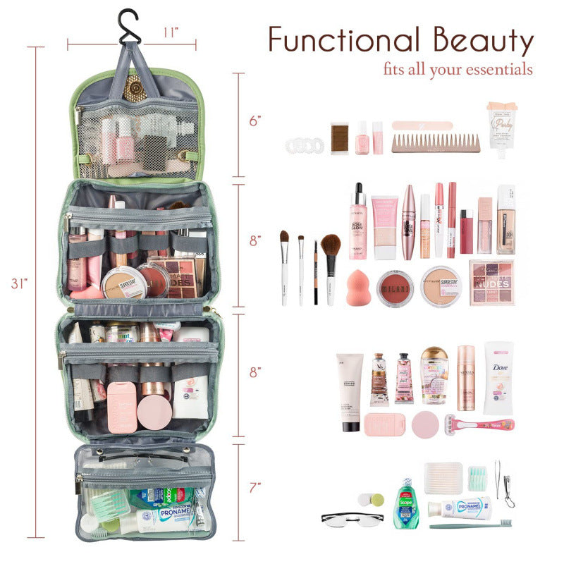 Beige Large Hanging Toiletry Bag Waterproof Travel Cosmetic Organiser with Sturdy Hook 4 Compartments Makeup Wash Case for Women and Men