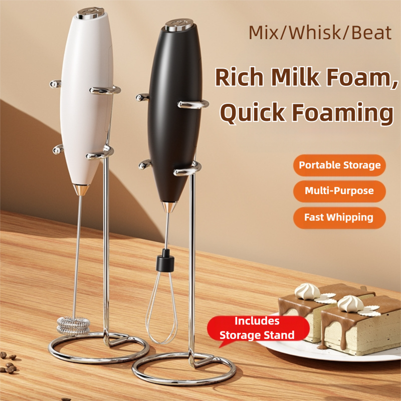 Electric Milk Frother & Egg Whisk Stand – Dual-Head Coffee Frother (Black)