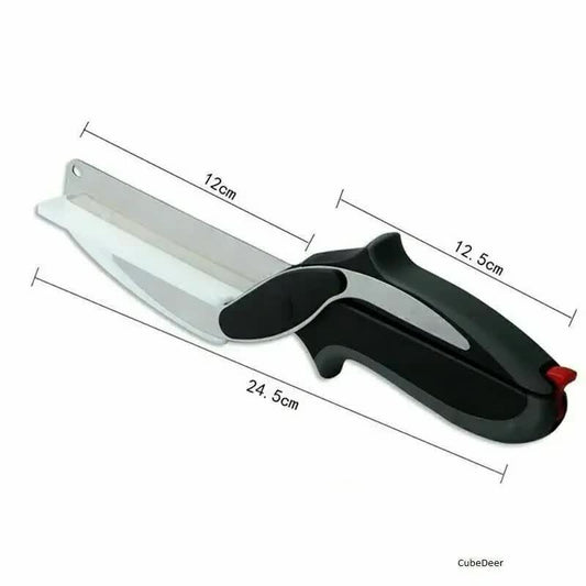 2-in-1 Ingenious Cutter Food Chopper & Scissor for Kitchen Versatile Use - 420 Stainless Steel Blade & Cutting Board Base,  with Safety Lock