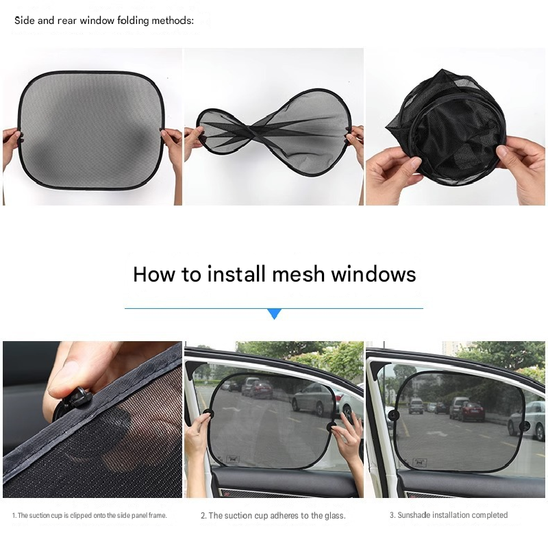 Black Universal Car Window Sun Shade Set - Mesh Fabric UV Protection(One solid rear baffle + two perforated angled baffles + two solid side baffles)