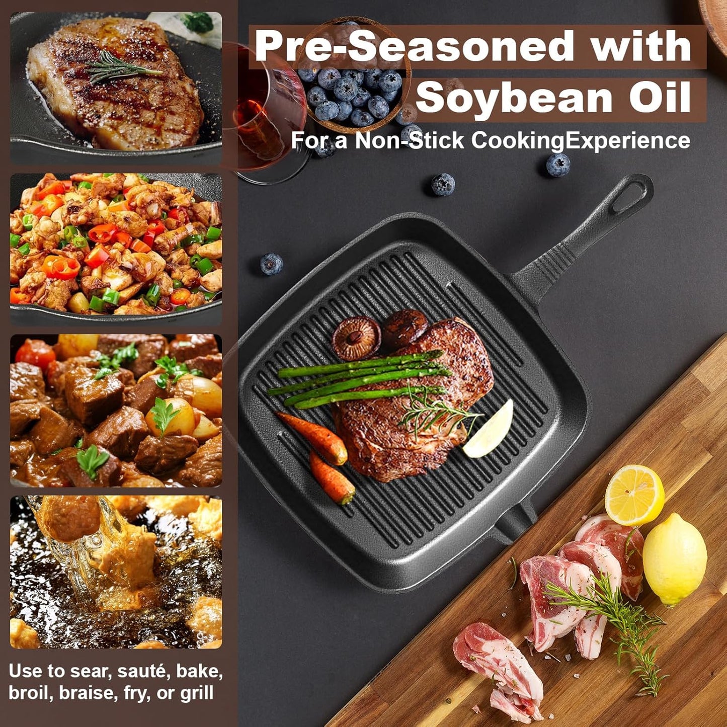 Three-piece set Heavy Duty Cast Iron Skillet & Grill Pan Thickened Vintage Style Cookware for Steak Breakfast & Camping