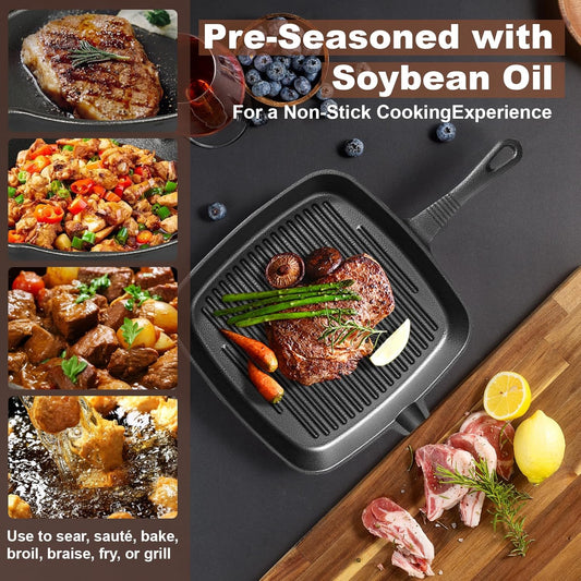 Four-piece set Heavy Duty Cast Iron Skillet & Grill Pan Thickened Vintage Style Cookware for Steak Breakfast & Camping