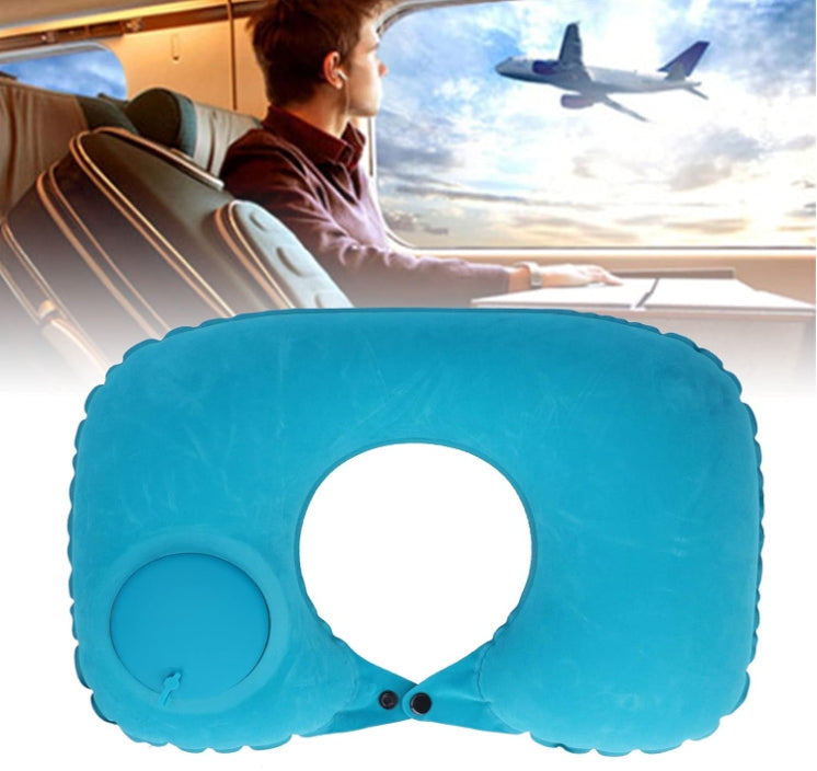 2-PCS Black Inflatable Travel Neck Pillow Press to Inflate U-Shape Soft Flocking Support Cushion for Airplane Car & Camping Portable Air Pump Design