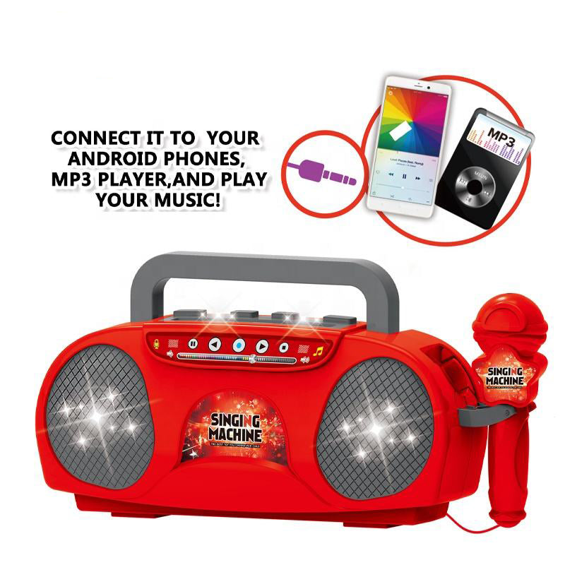 Pink Kids Portable Singing Machine Karaoke Boombox Toy with Microphone Flashing Lights and MP3 Music Player for Boys and Girls