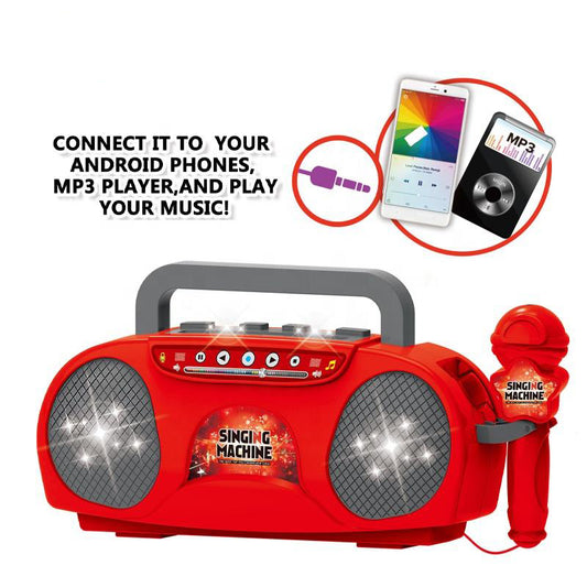Pink Kids Portable Singing Machine Karaoke Boombox Toy with Microphone Flashing Lights and MP3 Music Player for Boys and Girls
