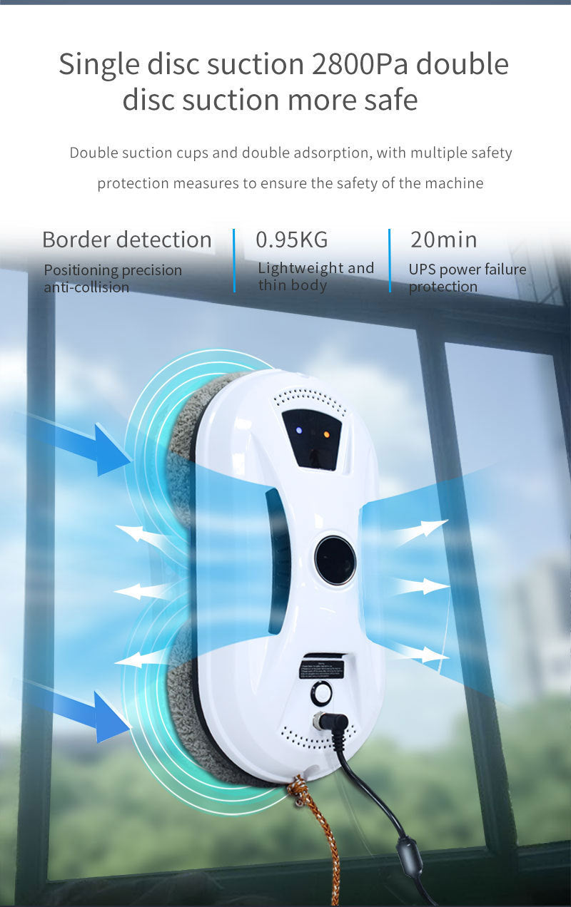 Smart Robot Window Cleaner - Automatic Glass Cleaning Washer with Remote Control - 2800Pa Suction & UPS Safety System - Includes 10 Microfibre Pads