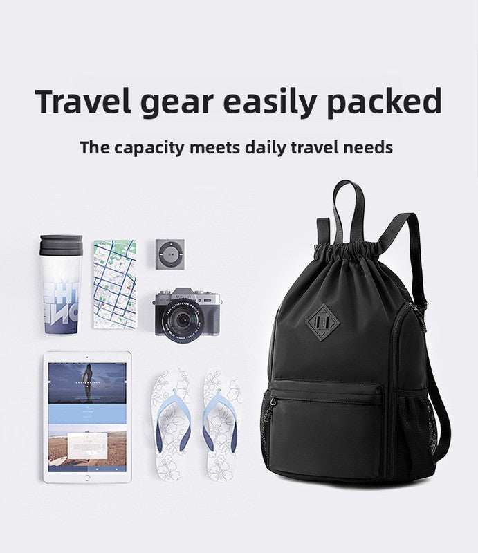 Large Drawstring Backpack Waterproof Gym Bag Lightweight Sports Sackpack with Zipper Pockets for Travel and Swimming Black