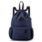Large Drawstring Backpack Waterproof Gym Bag Lightweight Sports Sackpack with Zipper Pockets for Travel and Swimming navy blue