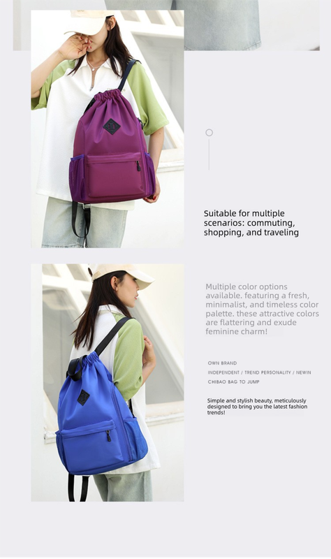 Large Drawstring Backpack Waterproof Gym Bag Lightweight Sports Sackpack with Zipper Pockets for Travel and Swimming navy blue