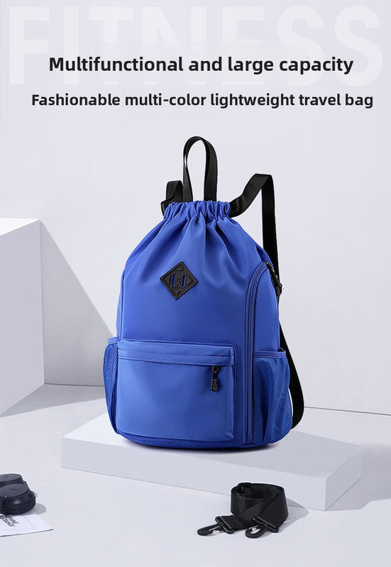 Large Drawstring Backpack Waterproof Gym Bag Lightweight Sports Sackpack with Zipper Pockets for Travel and Swimming navy blue