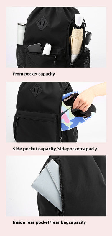 Large Drawstring Backpack Waterproof Gym Bag Lightweight Sports Sackpack with Zipper Pockets for Travel and Swimming navy blue