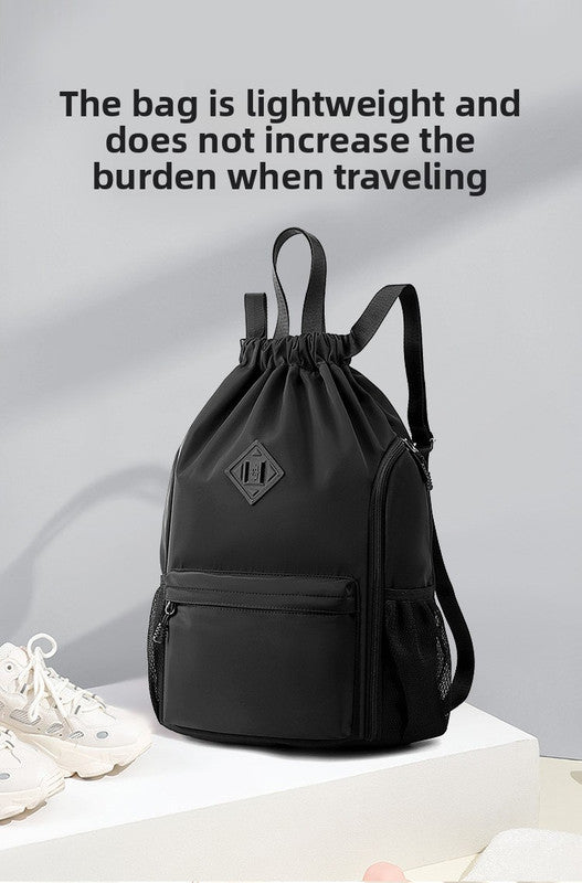 Large Drawstring Backpack Waterproof Gym Bag Lightweight Sports Sackpack with Zipper Pockets for Travel and Swimming Gray