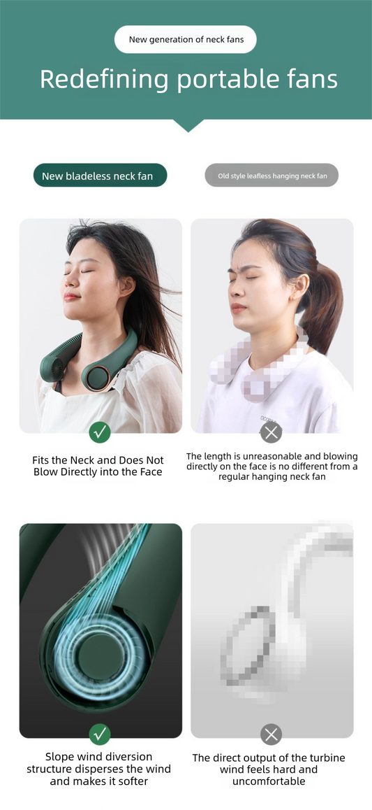 Portable Bladeless Neck Fan 4000mAh 3-Speed USB-C – Blue