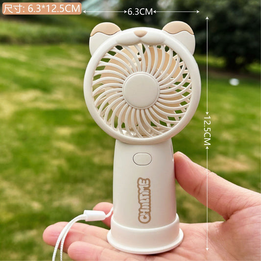 Mini Handheld Fan Bear Design 3-Speed Rechargeable with Stand – Beige