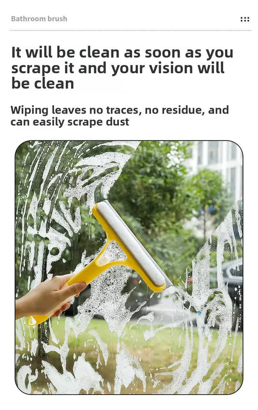 Yellow 3-in-1 Window Squeegee with Built-in Spray Bottle - Dual Sided Sponge Glass Cleaner - Streak Free Tool for Shower Screens, Mirrors & Car Windows