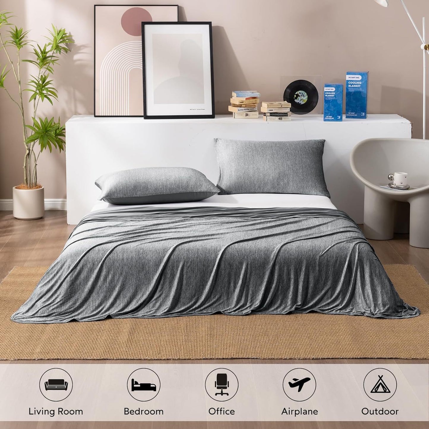 Light Grey Cooling Throw Blanket 100x150CM - Ultra Lightweight Breathable All-Season Quilt, Hand / Machine Washable